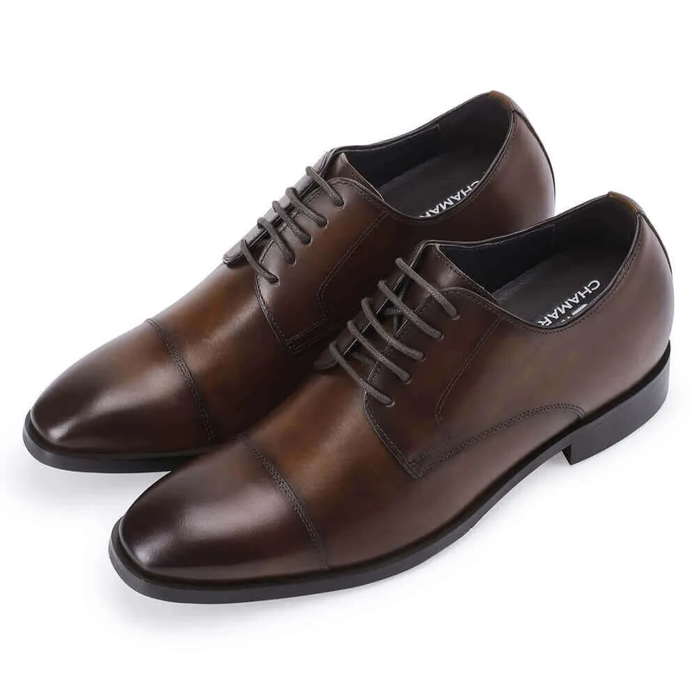 7 CM / 2.76 Inches CMR CHAMARIPA Taller Shoes - Elevator Shoes For Men - Brown Leather Derby Dress Shoes
