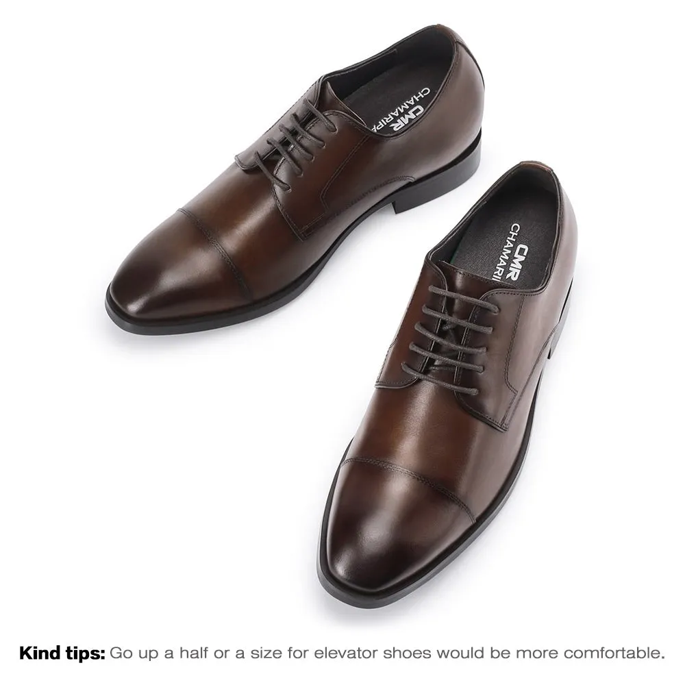 7 CM / 2.76 Inches CMR CHAMARIPA Taller Shoes - Elevator Shoes For Men - Brown Leather Derby Dress Shoes