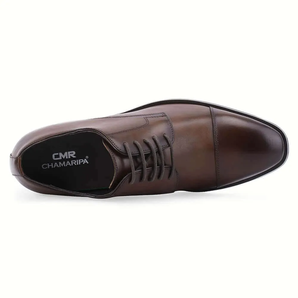 7 CM / 2.76 Inches CMR CHAMARIPA Taller Shoes - Elevator Shoes For Men - Brown Leather Derby Dress Shoes