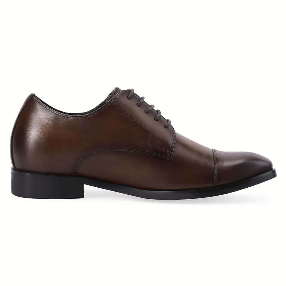 7 CM / 2.76 Inches CMR CHAMARIPA Taller Shoes - Elevator Shoes For Men - Brown Leather Derby Dress Shoes