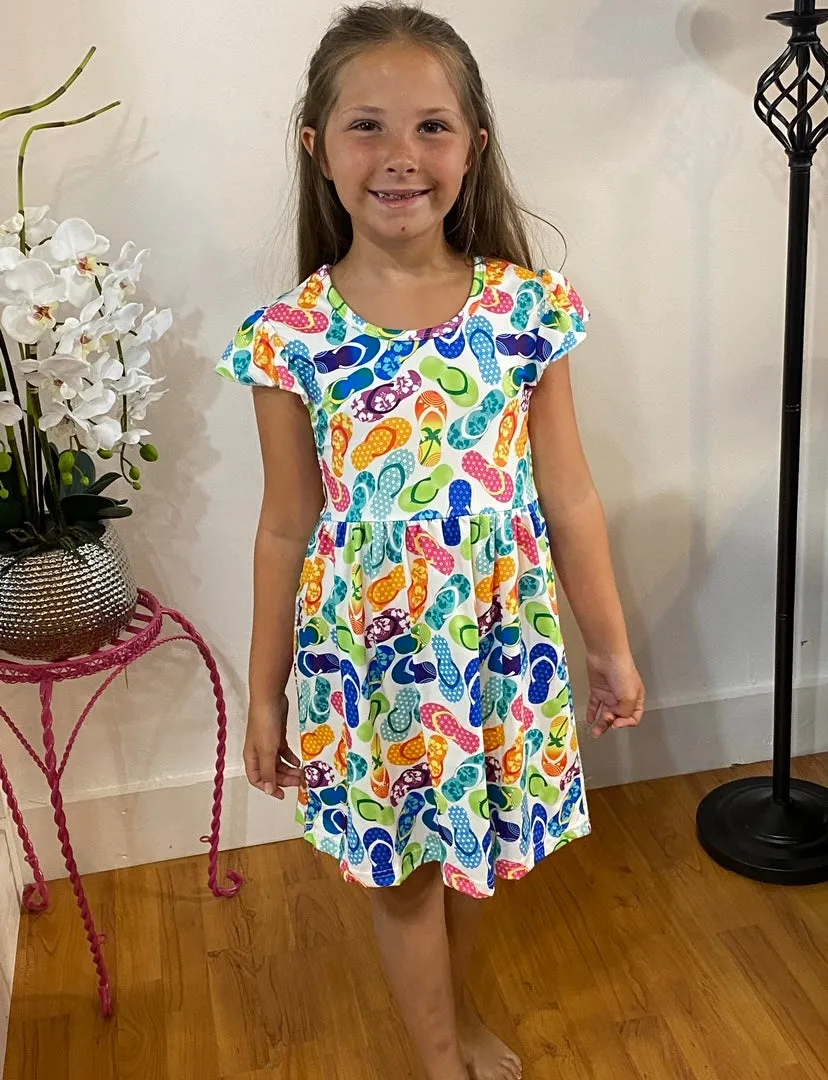 Blue and Green Flip Flop Flutter Sleeve Dress