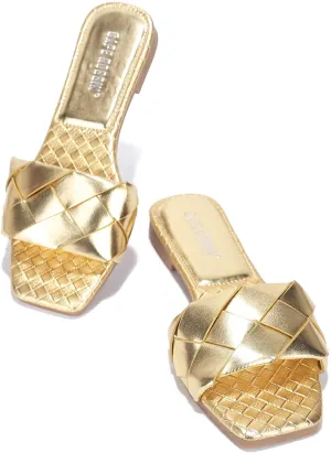 Cape Robbin Deja Woven Mules Slip On Flat Slides Sandals Gold (8, GOLD)