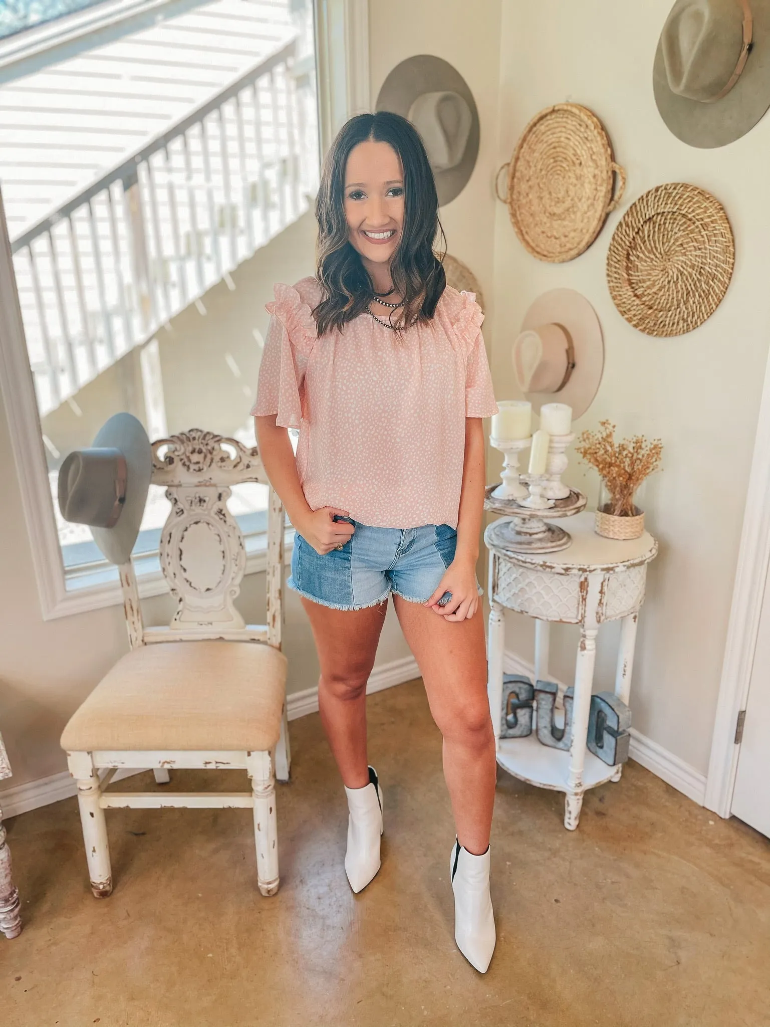 Last Chance Size Small, Medium & 2XL | Blissful Views Dotted Short Sleeve Top with Ruffle Shoulders in Peach Pink