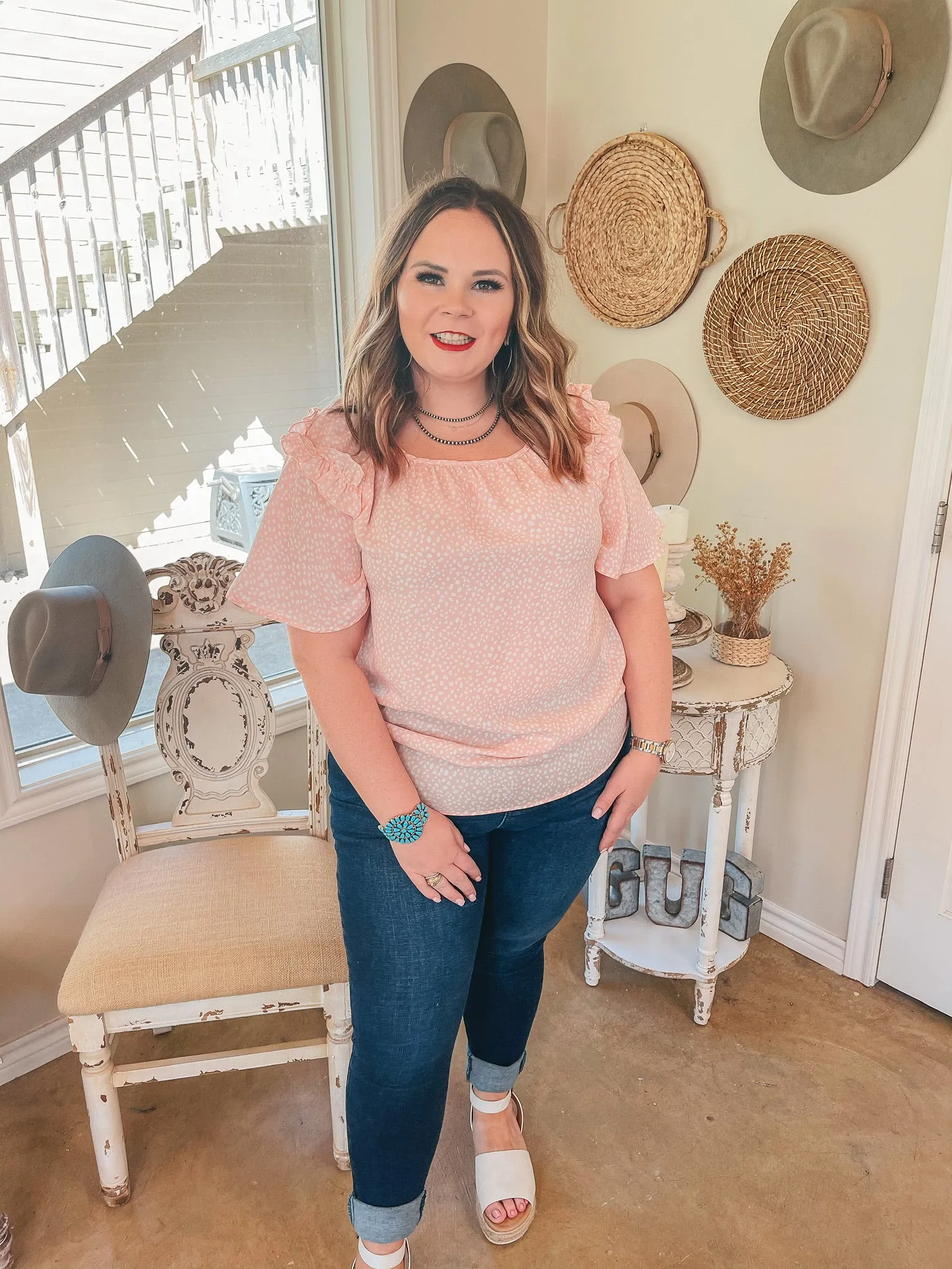 Last Chance Size Small, Medium & 2XL | Blissful Views Dotted Short Sleeve Top with Ruffle Shoulders in Peach Pink