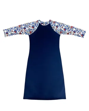 S23-LD-M Mediterranean Print Sleeve Navy Swim Dress