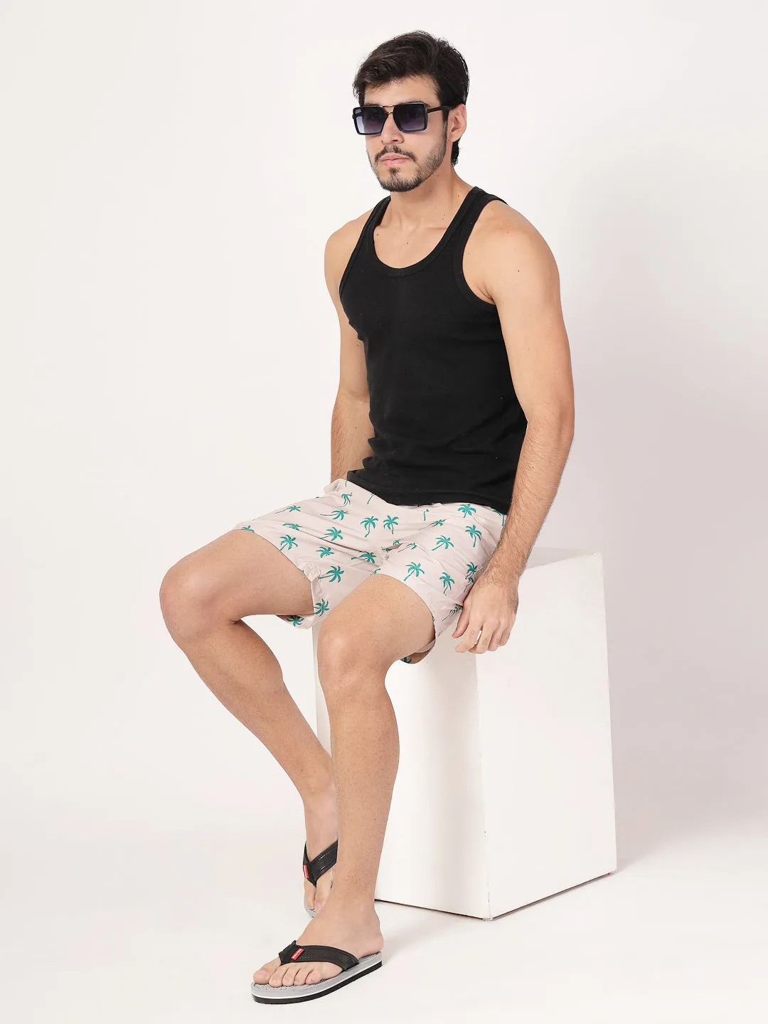 Style Quotient Men Beige And Green Conversational Print Polyester Regular Swim  Shorts