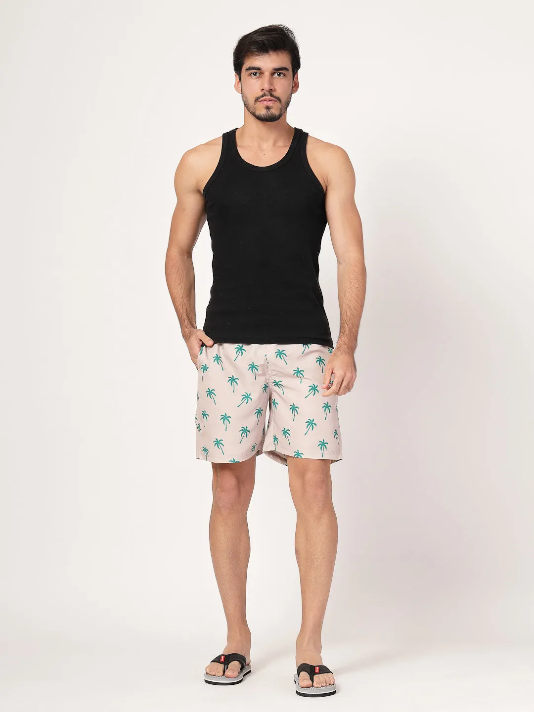 Style Quotient Men Beige And Green Conversational Print Polyester Regular Swim  Shorts