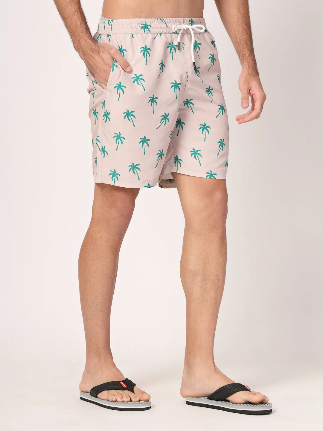 Style Quotient Men Beige And Green Conversational Print Polyester Regular Swim  Shorts